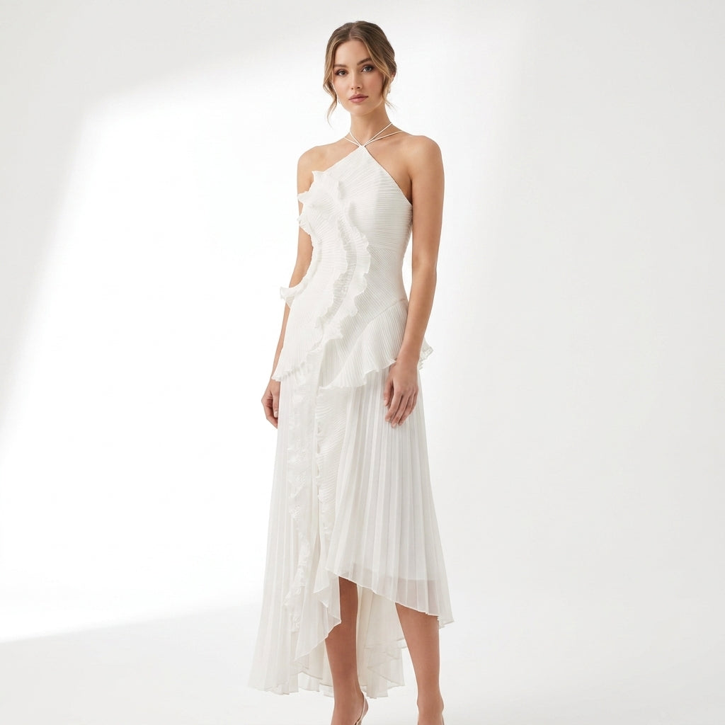 Sukienka Midi Halter z Falbanami i Plisowaniem – Elegancka | Wieczorowa