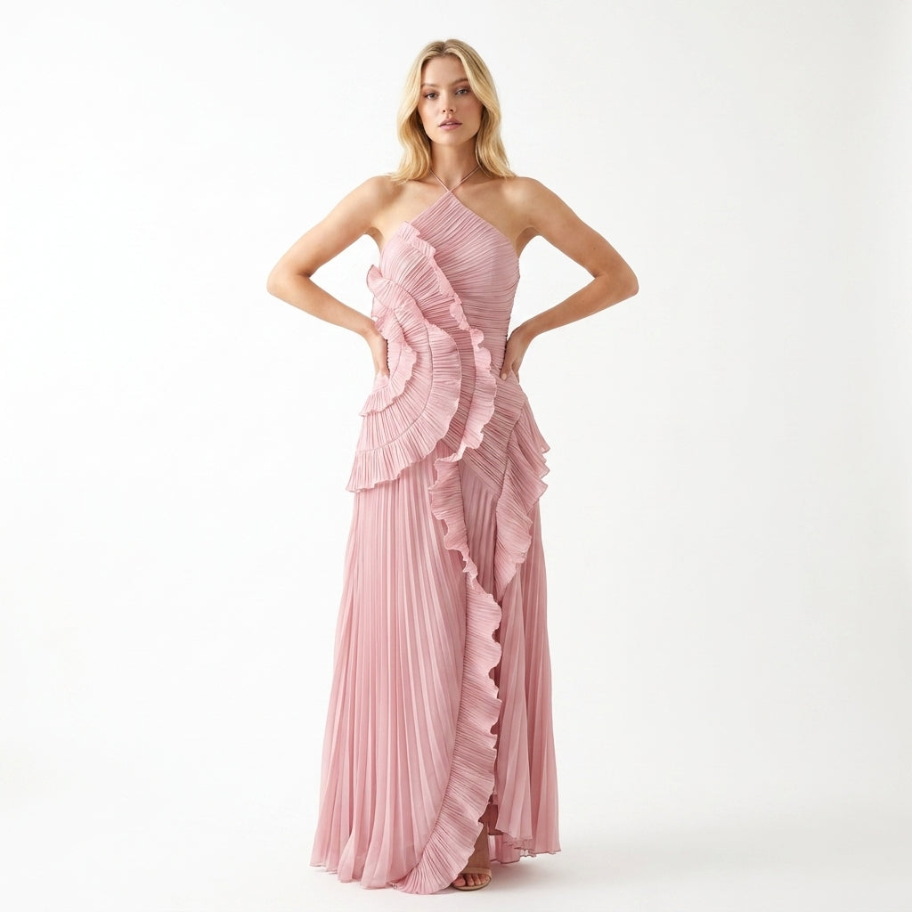 Sukienka Midi Halter z Falbanami i Plisowaniem – Elegancka | Wieczorowa