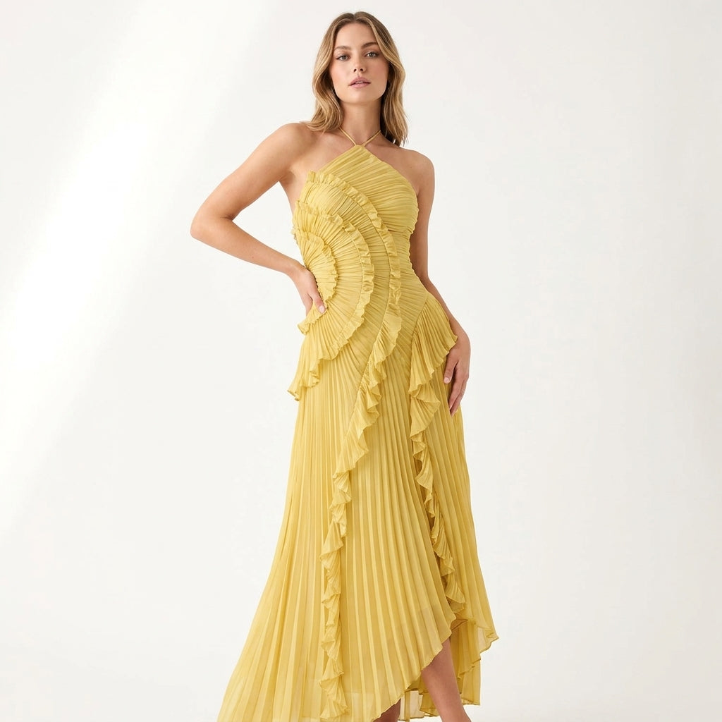 Sukienka Midi Halter z Falbanami i Plisowaniem – Elegancka | Wieczorowa