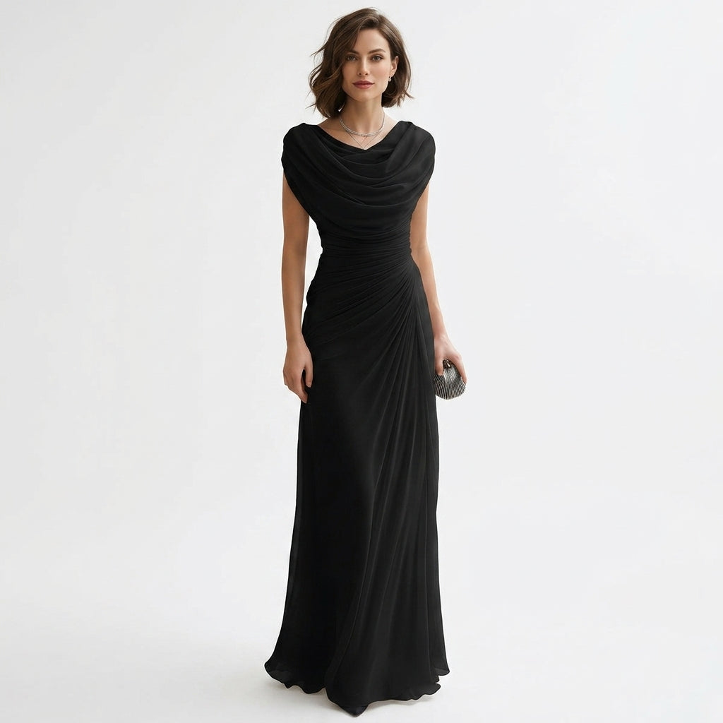 Sukienka maxi z drapowanym dekoltem cowl | Marszczona talia | Elegancja