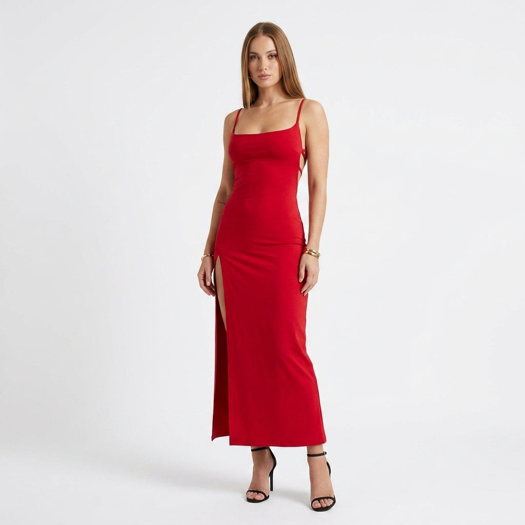Sukienka maxi halter z wysokim rozcięciem na lato