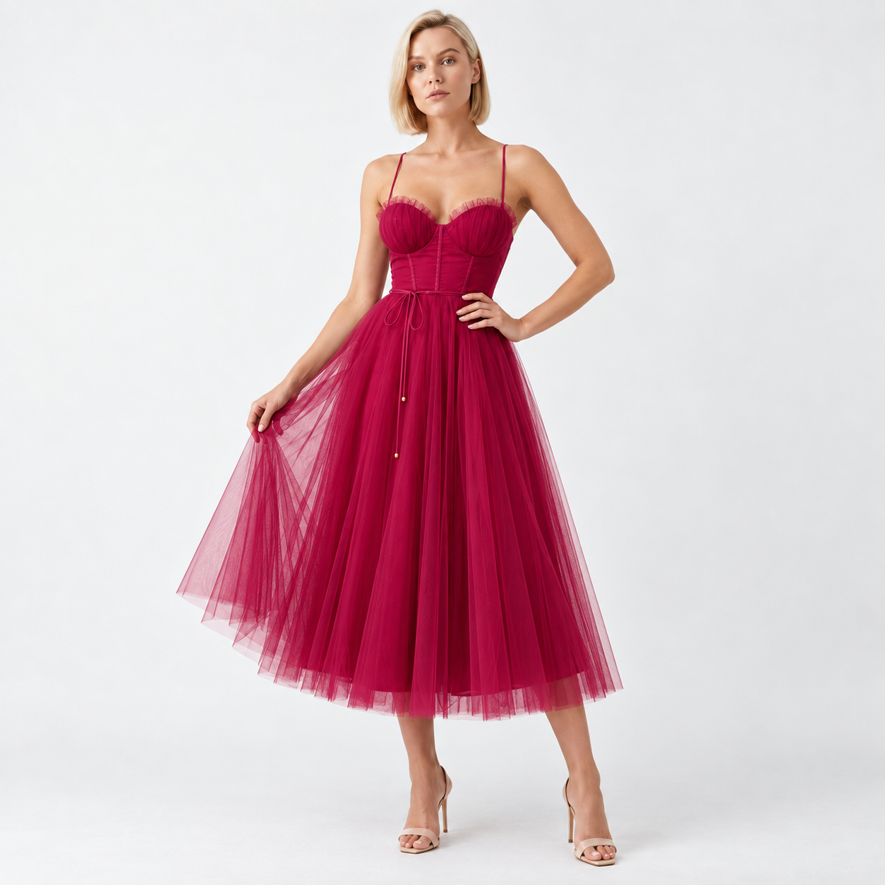 Gorsetowa sukienka z tiulu na ramiączkach elegancka wieczorowa