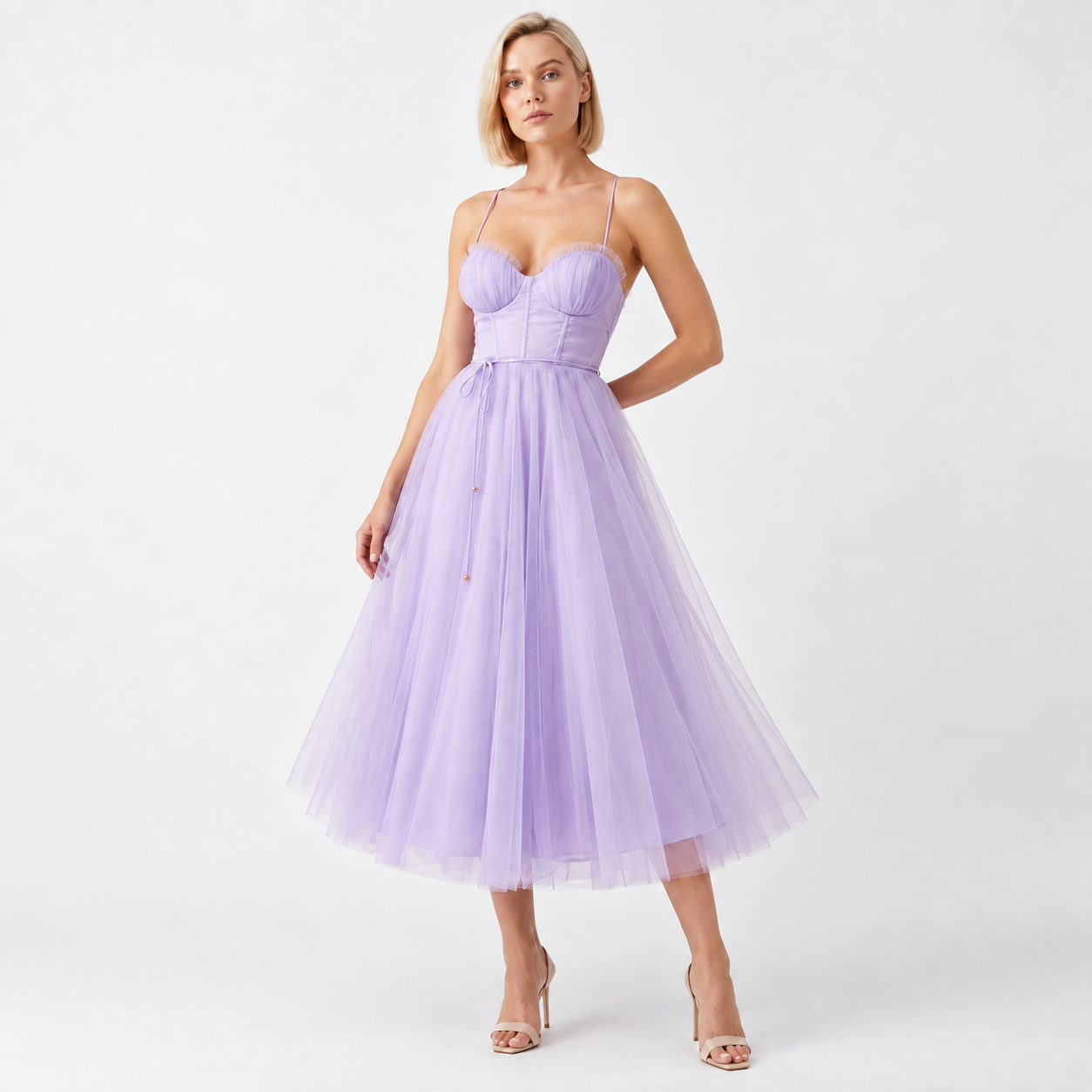 Gorsetowa sukienka z tiulu na ramiączkach elegancka wieczorowa