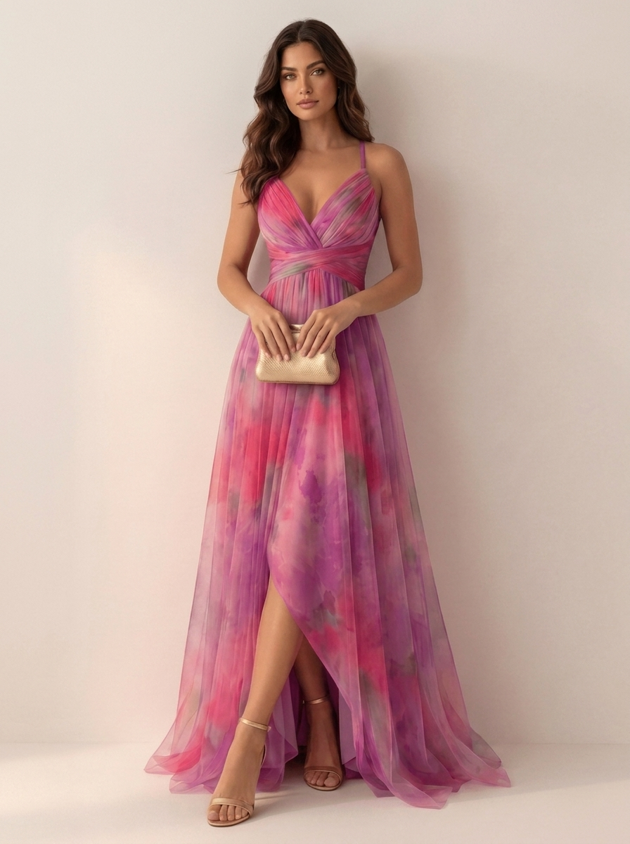 Sukienka maxi w akwarelowy print | Dekolt V | Plisowana talia