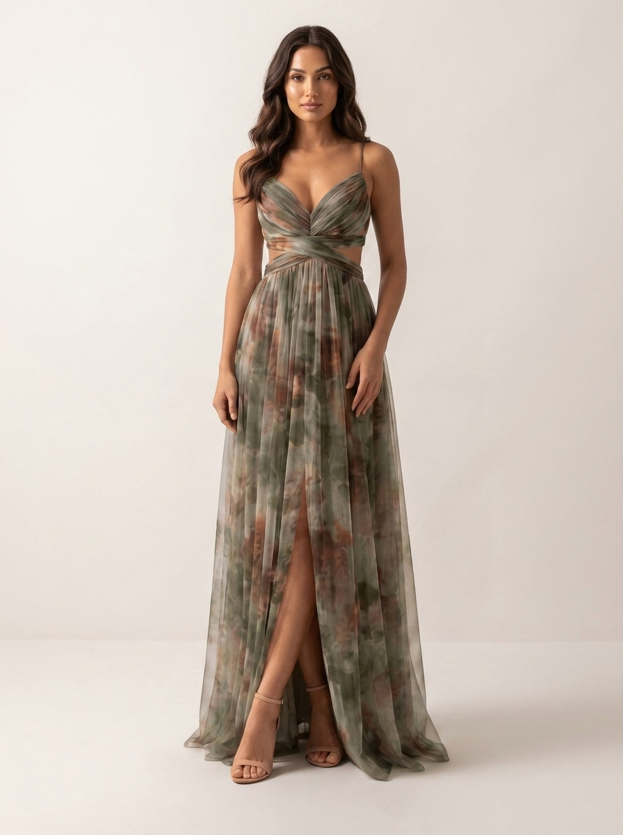 Sukienka maxi w akwarelowy print | Dekolt V | Plisowana talia