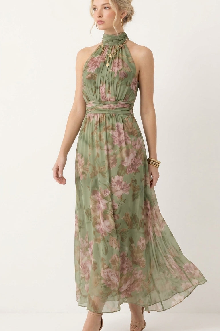 Sukienka Maxi z Dekoltem Halter w Kwiatowy Wzór