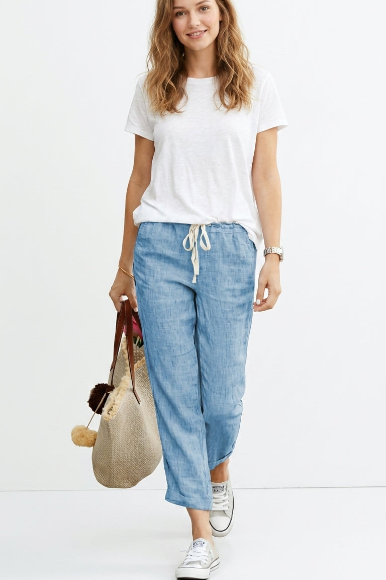Damskie lniane spodnie ze sznurkiem