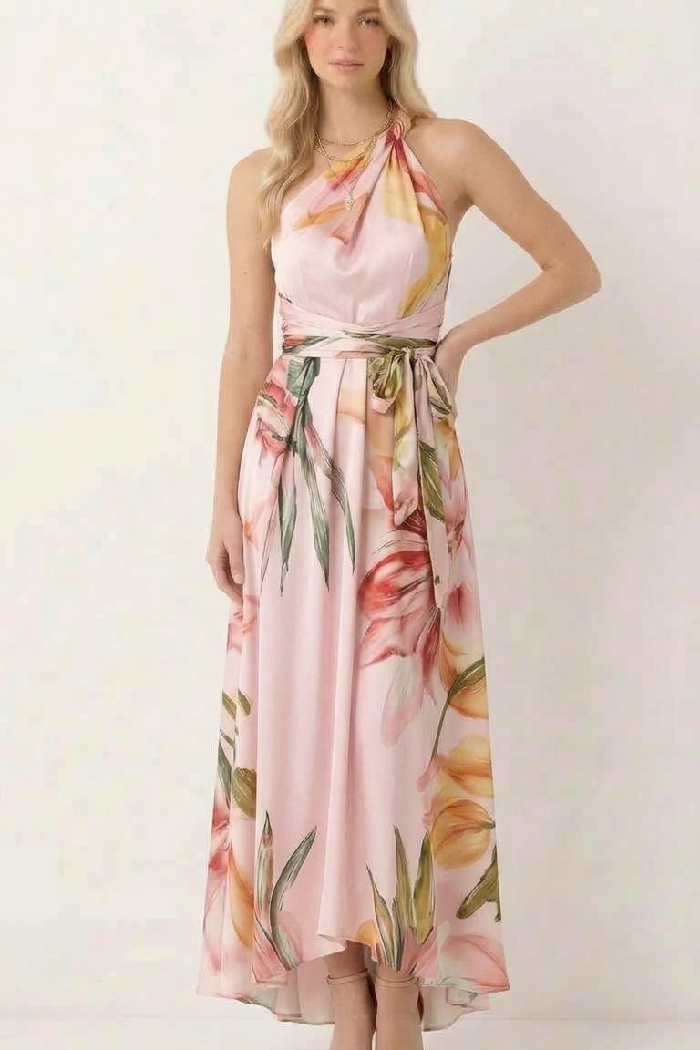 Zwiewna Sukienka Maxi w Kwiaty z Dekoltem Halter