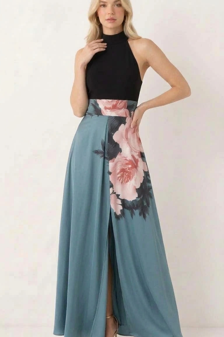 Sukienka maxi z dekoltem halter i rozcięciem