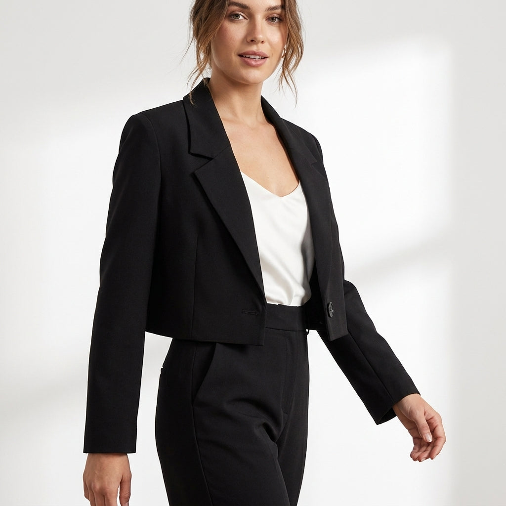 Krótki damski blezer z kołnierzem klapowym – Pelagia | Elegancki żakiet do pracy
