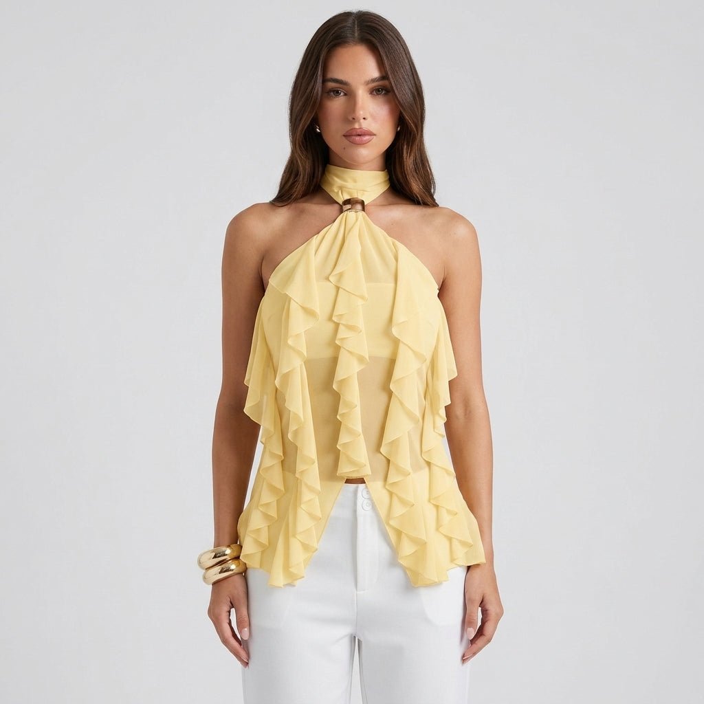Elegancki Top Halter | Zwiewne Falbany i Odkryte Plecy