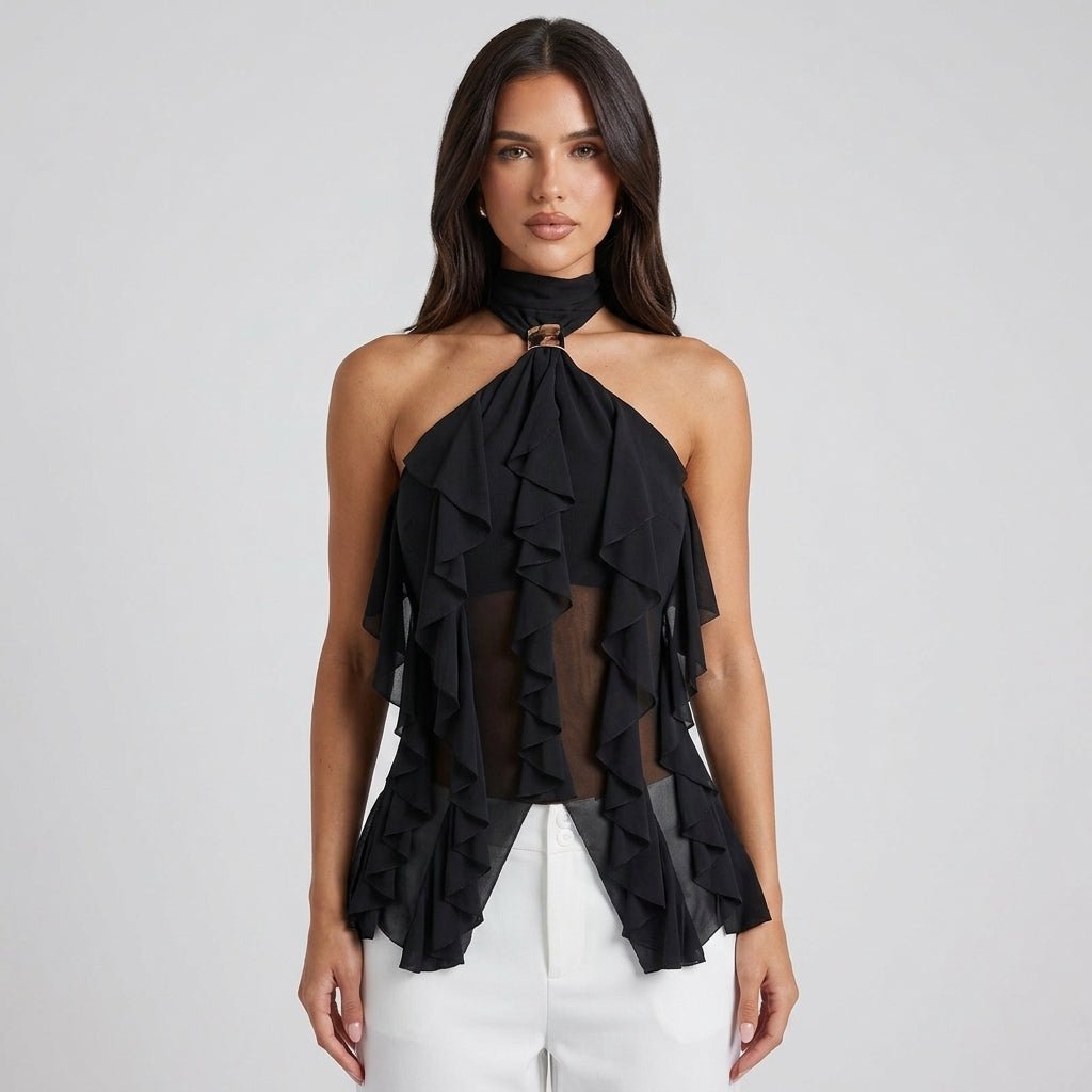Elegancki Top Halter | Zwiewne Falbany i Odkryte Plecy