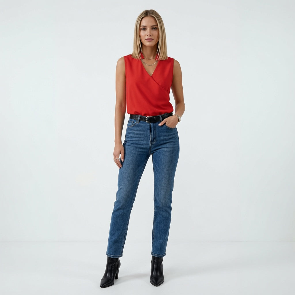 Elegancki top damski z dekoltem w serek bez rękawów