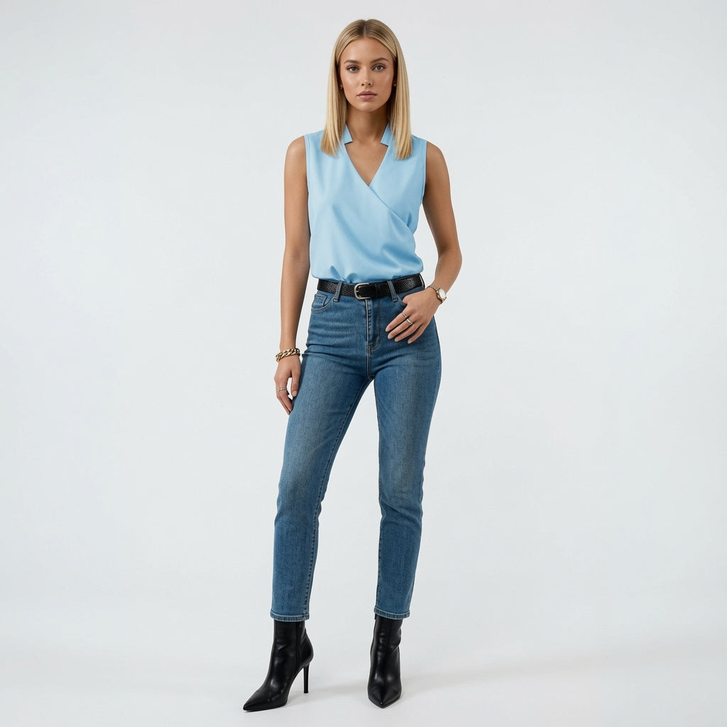 Elegancki top damski z dekoltem w serek bez rękawów