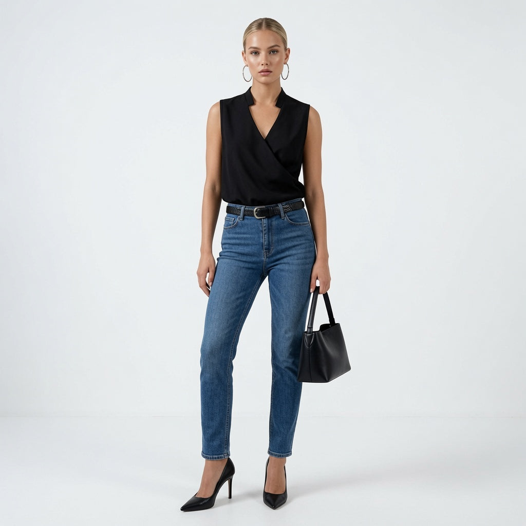 Elegancki top damski z dekoltem w serek bez rękawów