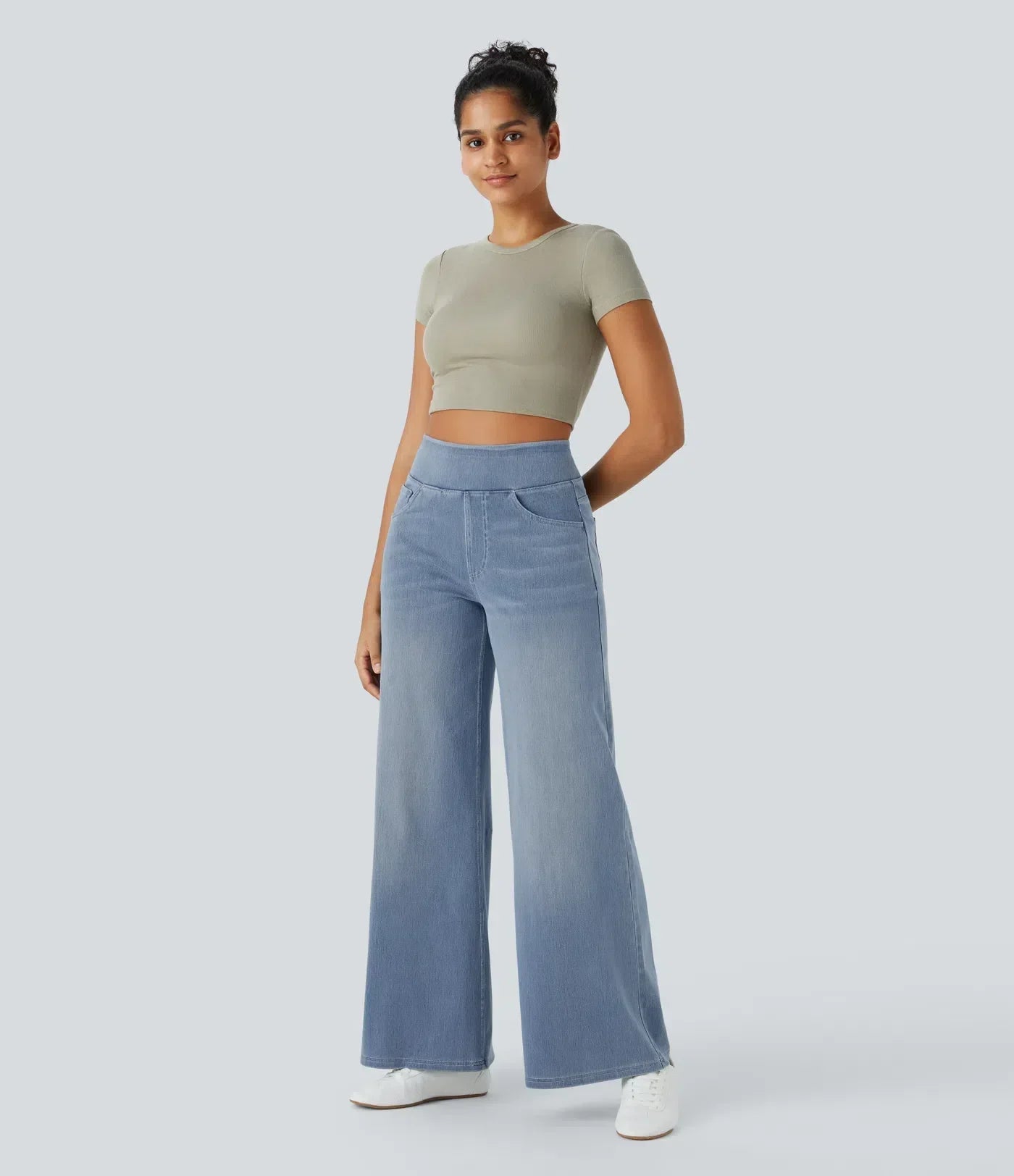 Damskie elastyczne jeansy wide leg z wysokim stanem