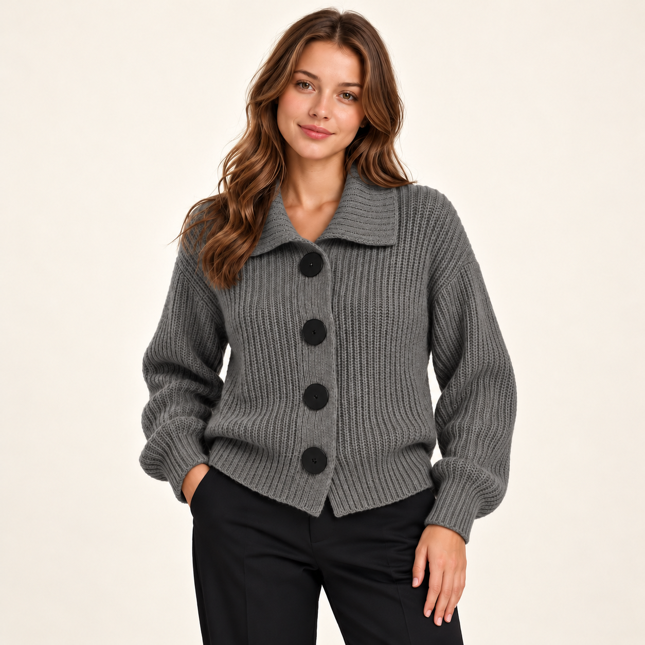Kardigan oversize z kołnierzem i prążkowanym splotem – Szary, widok z przodu