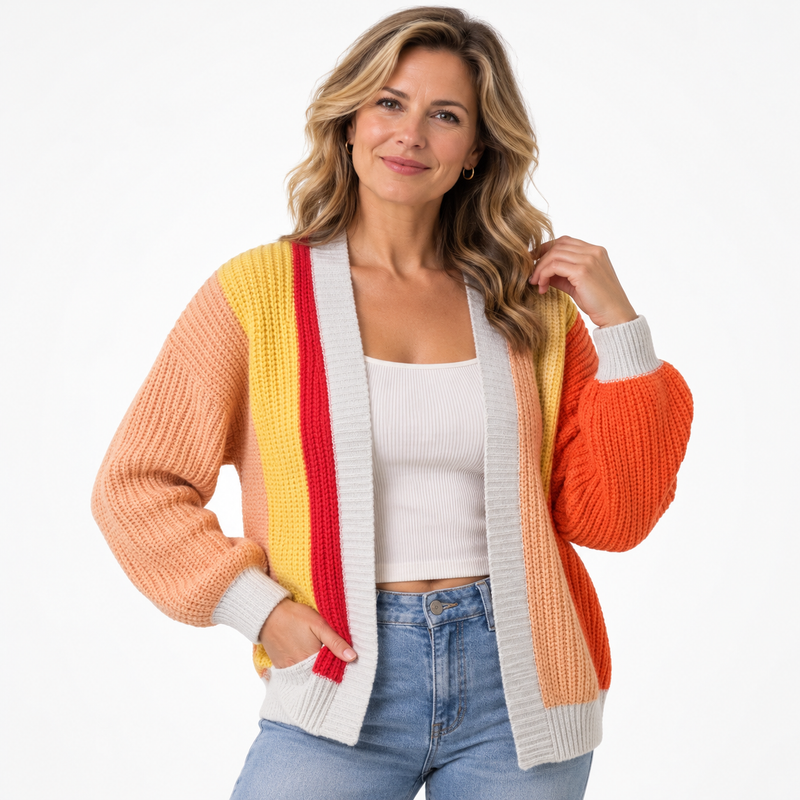 Krótki kardigan damski color block z bufiastymi rękawami – Pomarańczowy