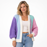 Krótki kardigan damski color block z bufiastymi rękawami – Fioletowy