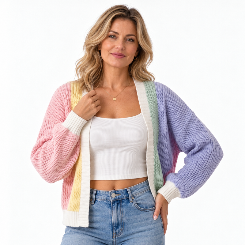 Krótki kardigan damski color block z bufiastymi rękawami – Tęczowy