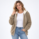 Bluza polarowa damska z kapturem i jasną lamówką – Khaki