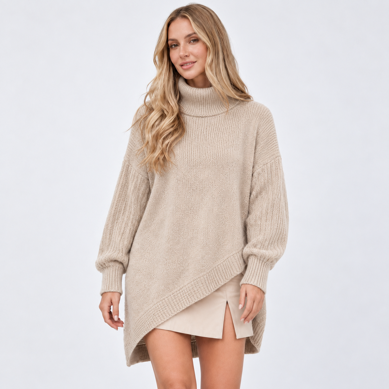 Sweter damski oversize z golfem i asymetrycznym dołem — Beżowy — przód