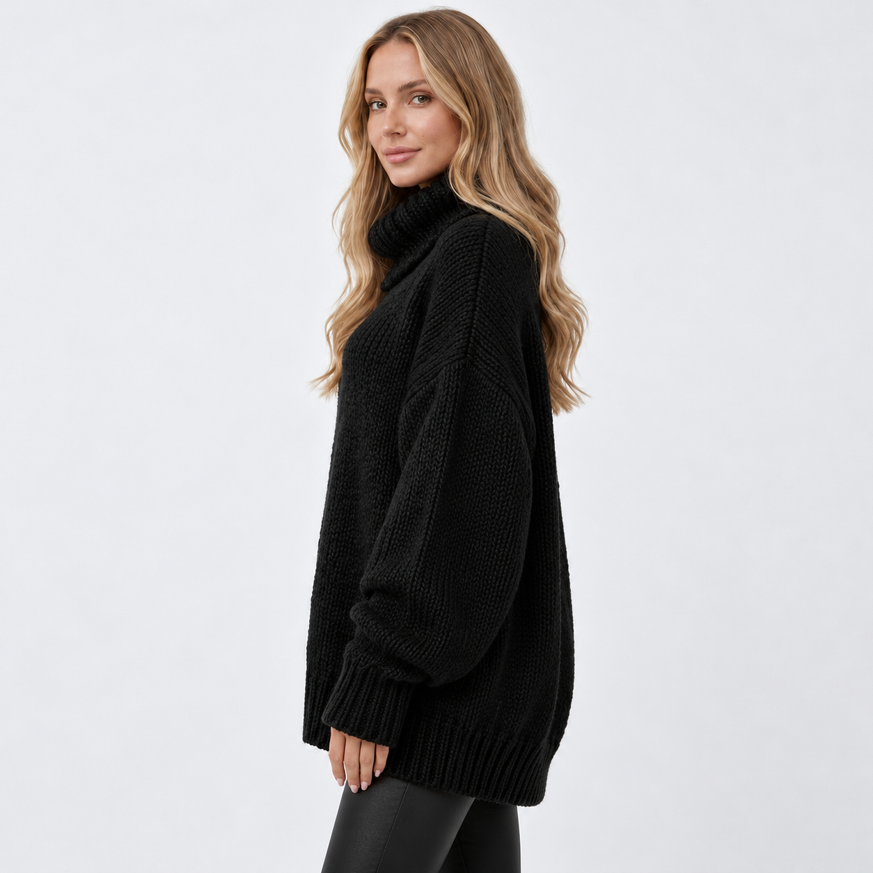 Sweter damski oversize z szerokim kołnierzem — Czarny — bok