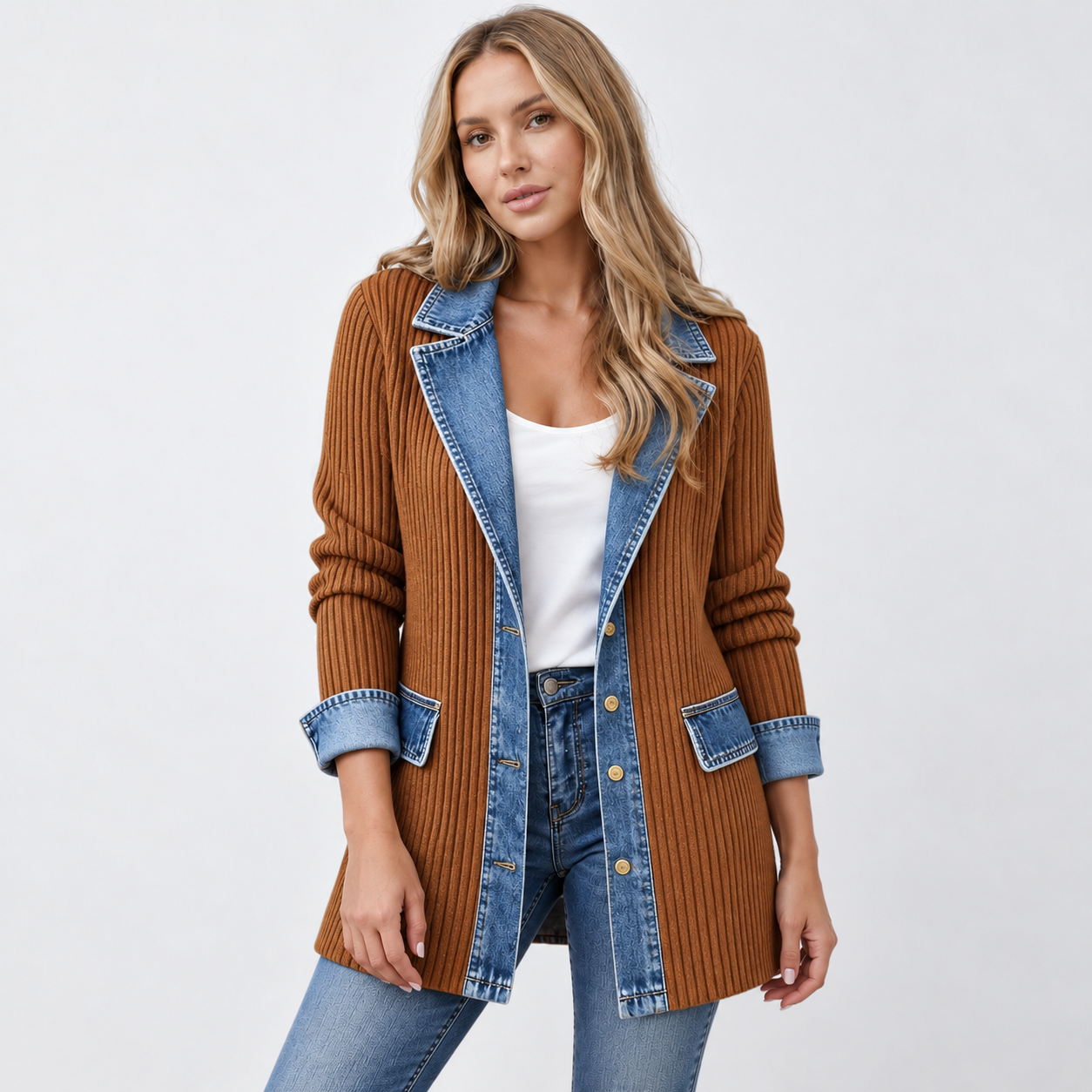 Długi kardigan damski z kontrastowymi wykończeniami — Khaki — przód
