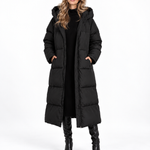 Kurtka pikowana damska maxi oversize z kapturem – Czarny – przód
