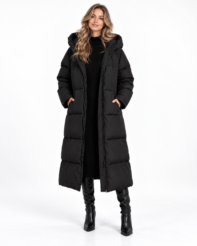 Kurtka pikowana damska maxi oversize z kapturem – Czarny – przód