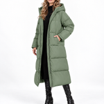 Kurtka pikowana damska maxi oversize z kapturem – Szałwiowy – przód
