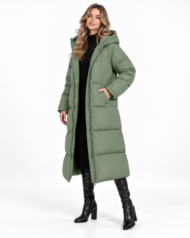 Kurtka pikowana damska maxi oversize z kapturem – Szałwiowy – przód