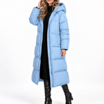 Kurtka pikowana damska maxi oversize z kapturem – Jasnoniebieski – przód