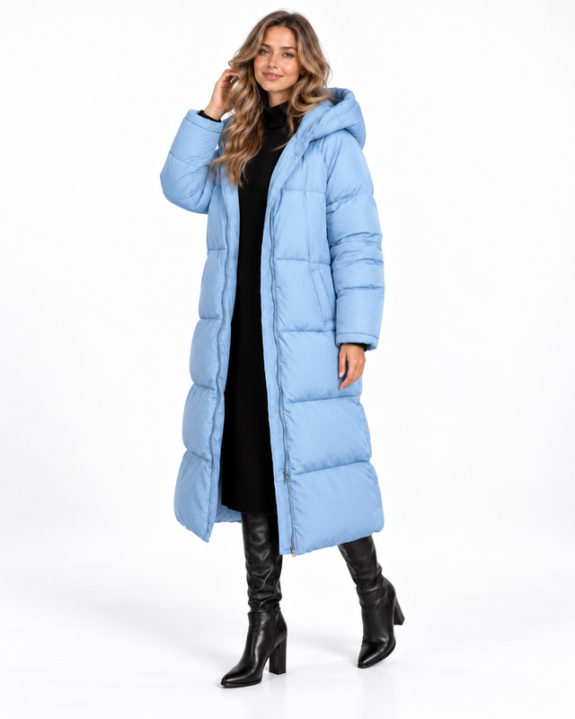Kurtka pikowana damska maxi oversize z kapturem – Jasnoniebieski – przód