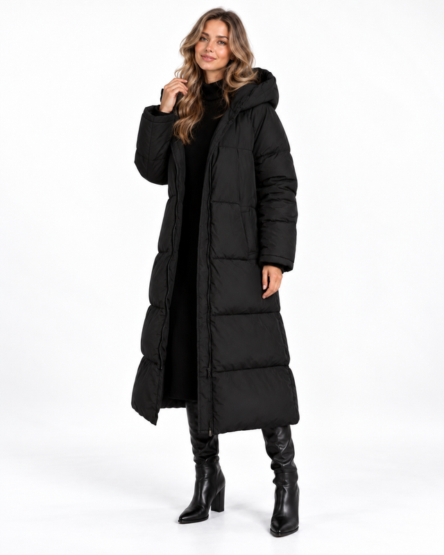 Kurtka pikowana damska maxi oversize z kapturem – Czarny – dodatkowy widok
